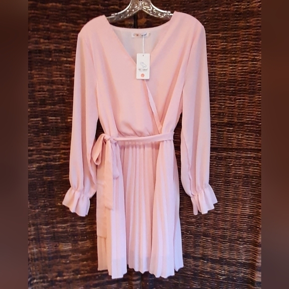NWT BBX Lephsnt Women's Medium Pink Belted Pleated Mini Knee Length Dress Girly - Picture 1 of 6